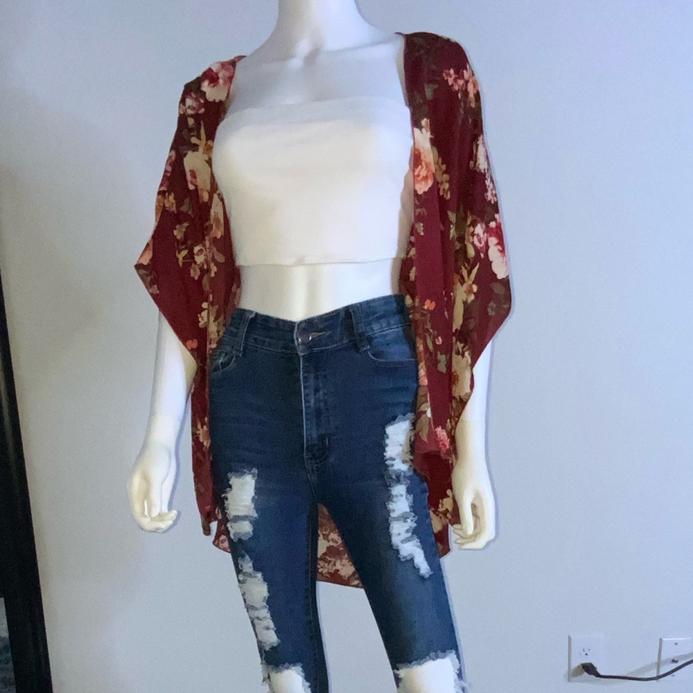 Lightweight Floral Print Maroon Cardigan